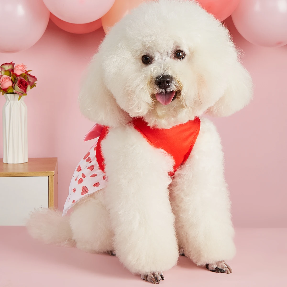 Vestido para mascotas del Día de San Valentín, Top rojo “Loads of Love”, linda falda para cachorro con estampado de corazones, ropa para perros atada con lazo - imagen 5