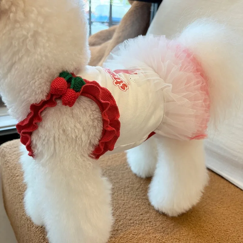 Vestido de princesa de malla de fresa para mascotas, chaleco de cereza de verano, ropa para gatos, falda con tirantes, falda abombada para perros pequeños, vestidos para perros pequeños - imagen 4