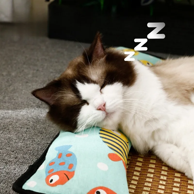 Esteras refrescantes para mascotas para gatos con almohada, almohadillas suaves para cama, estera para dormir tejida de mimbre para perros, suministros de disipación de calor para cachorros y gatitos - imagen 2