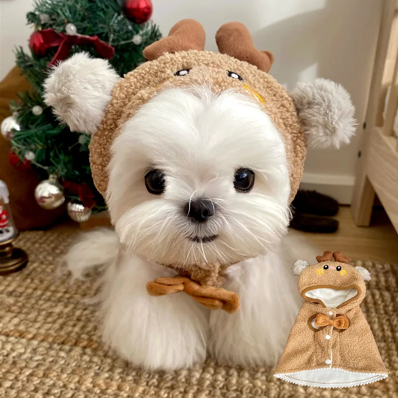 Ropa navideña para mascotas, chaqueta marrón para perros, capa navideña para perros, Yorkshire, ropa cálida de invierno, pijamas populares Bichon, albornoces - imagen 2