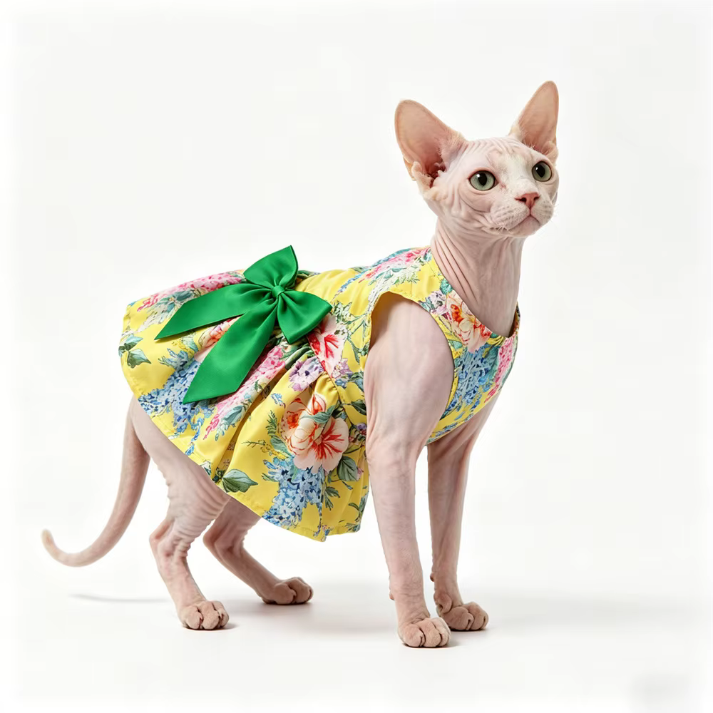 Vestido floral con lazo para gatos Sphynx y perros pequeños – Transpirable verano