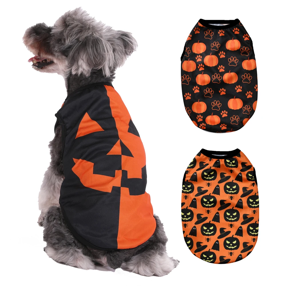 Camiseta con estampado de calabaza fantasma de Halloween para perros pequeños y medianos, chaleco transpirable para cachorros, disfraz Schnauzer, abrigo para mascotas Yorkshire