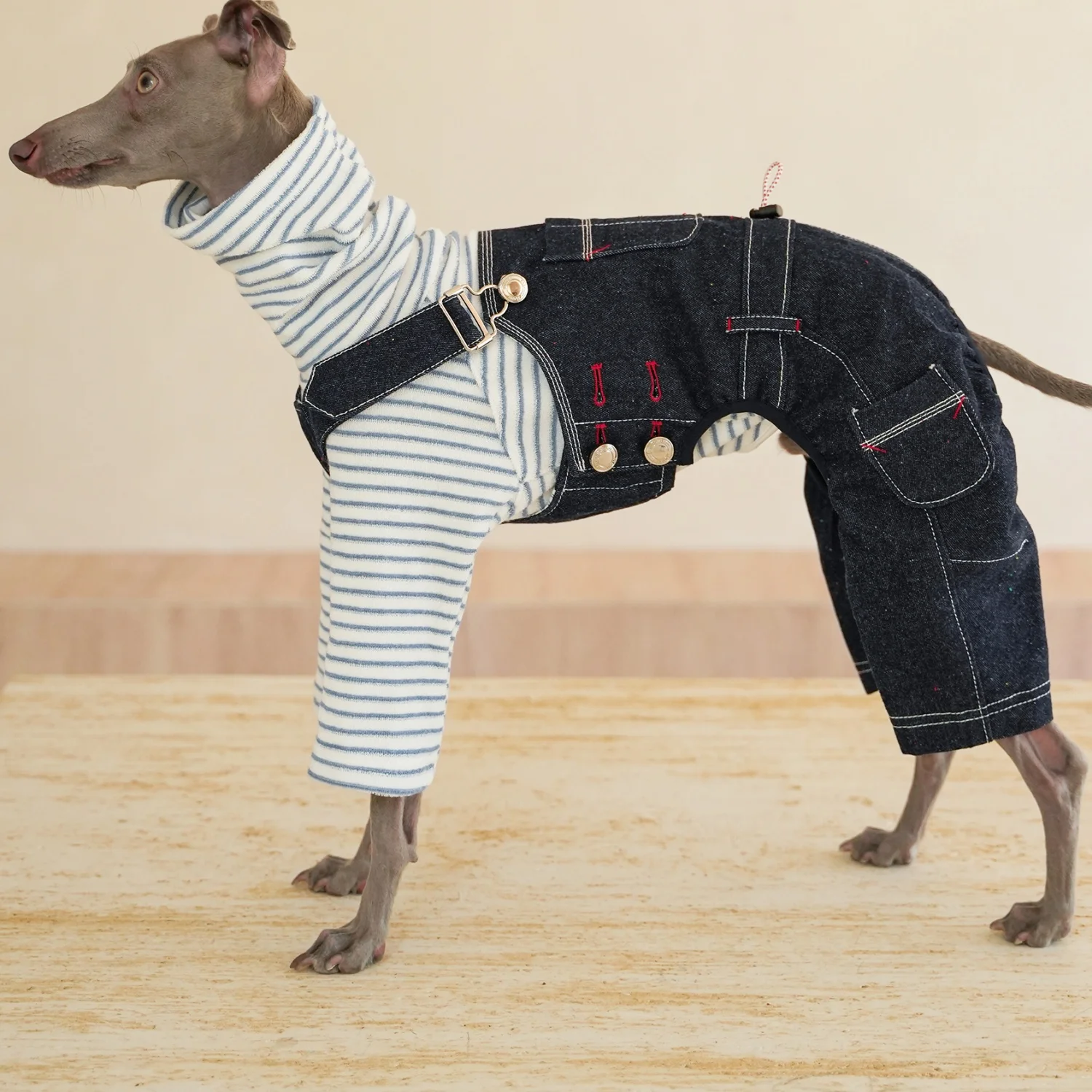 Pantalón con pechera de mezclilla vintage azul de estilo japonés para Bedlington en mono vaquero de algodón con puntos lavados en primavera para perros galgo italiano - imagen 3