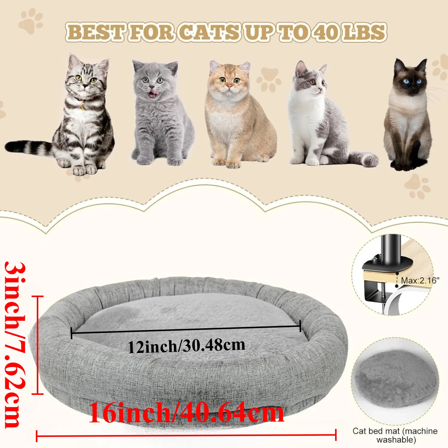 Cama escritorio giratoria 360° para gatos, altura ajustable - imagen 2
