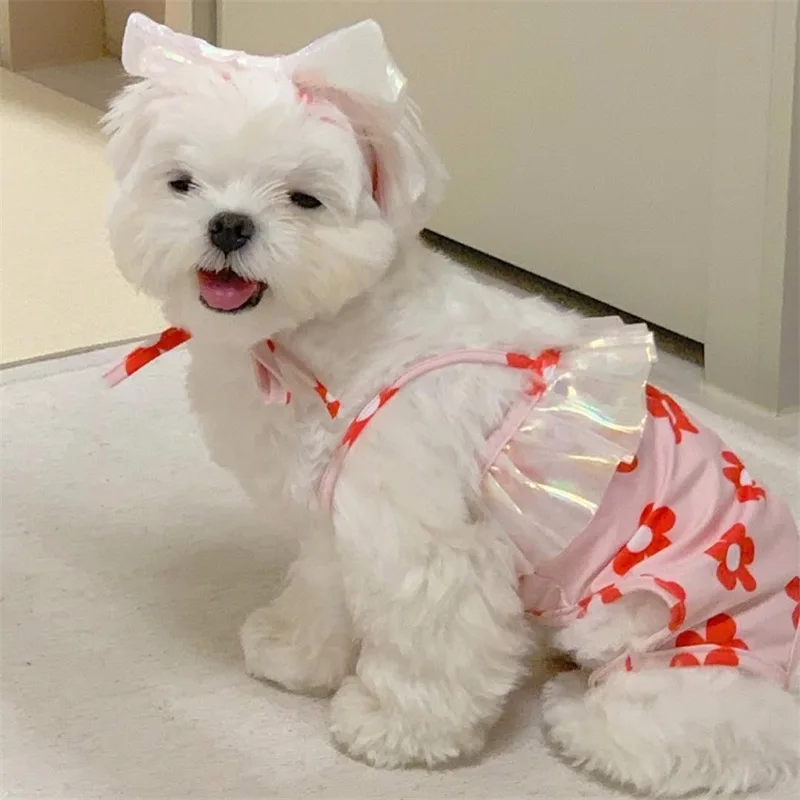 Traje de baño de flores para perros de primavera, traje de baño de dos patas con tirantes para gatos, Bikini para mascotas, ropa para perros de peluche, sombrero para el sol con lazo