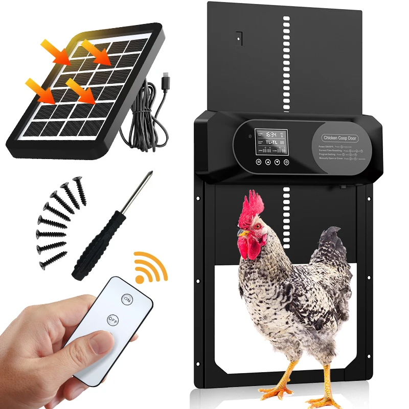 Puerta automática solar gallinero con temporizador y control remoto