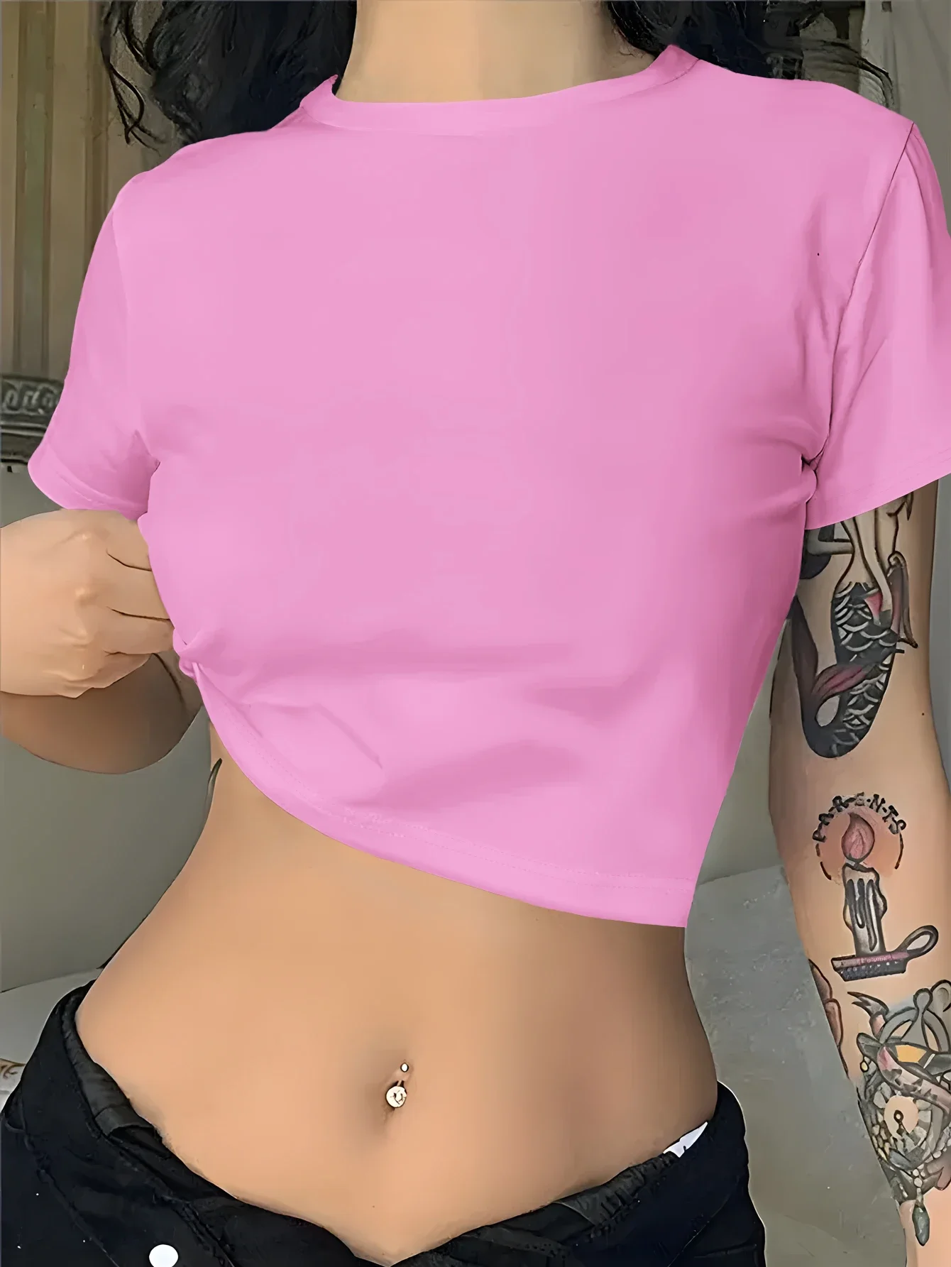 Camiseta de manga corta a la moda para mujer: cuello redondo, color sólido, tela suave, ropa informal holgada para primavera y verano para mujer