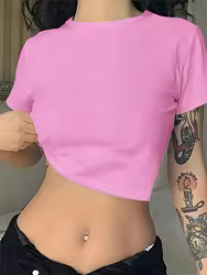 Camiseta de manga corta a la moda para mujer: cuello redondo, color sólido, tela suave, ropa informal holgada para primavera y verano para mujer