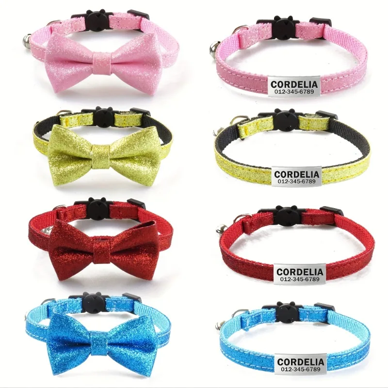 Collar de perro con purpurina estilo inglés personalizado, collares sólidos personalizados para mascotas con lazo grabado, etiqueta de nombre de identificación, accesorios para mascotas