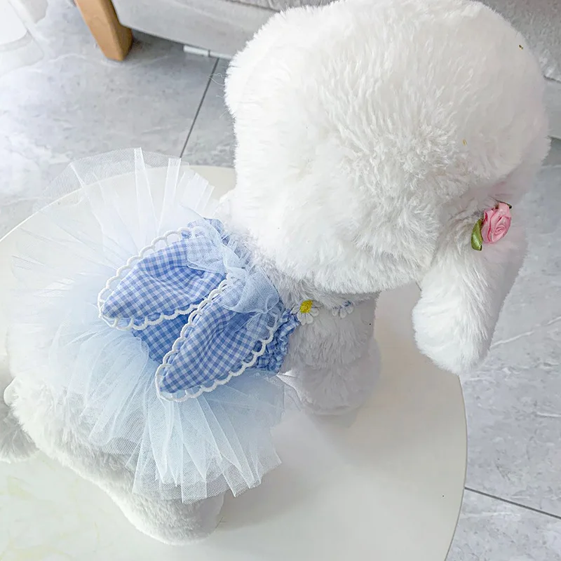 Vestido con orejas de conejo para primavera/verano para mascotas, vestido fino de princesa para gatos, vestido de hilo de encaje, camiseta sin mangas de peluche para perros pequeños, vestidos para perros pequeños - imagen 3