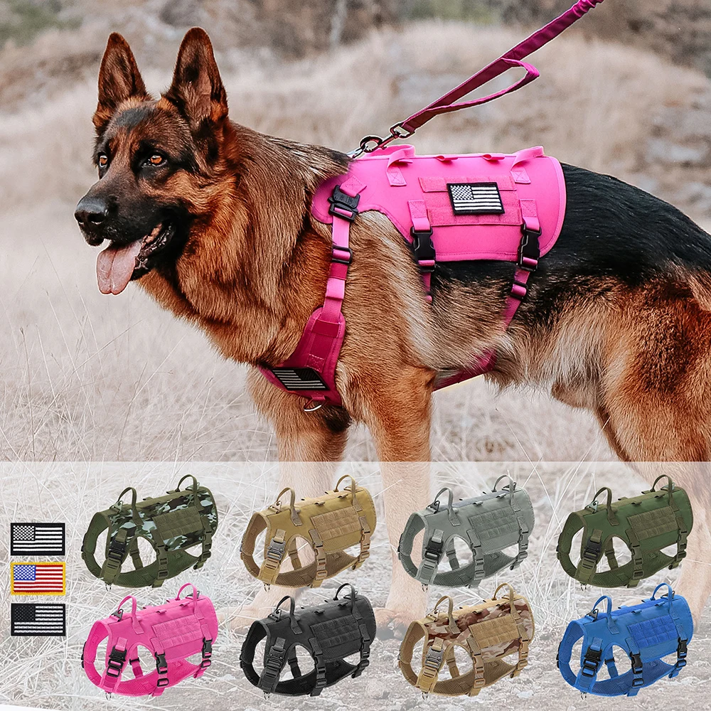 Nylon Tactical Dog Harness Military Dogs Vest Durable Pet Training Harnesses with Flags for Medium Large Dogs Golden Retriever
