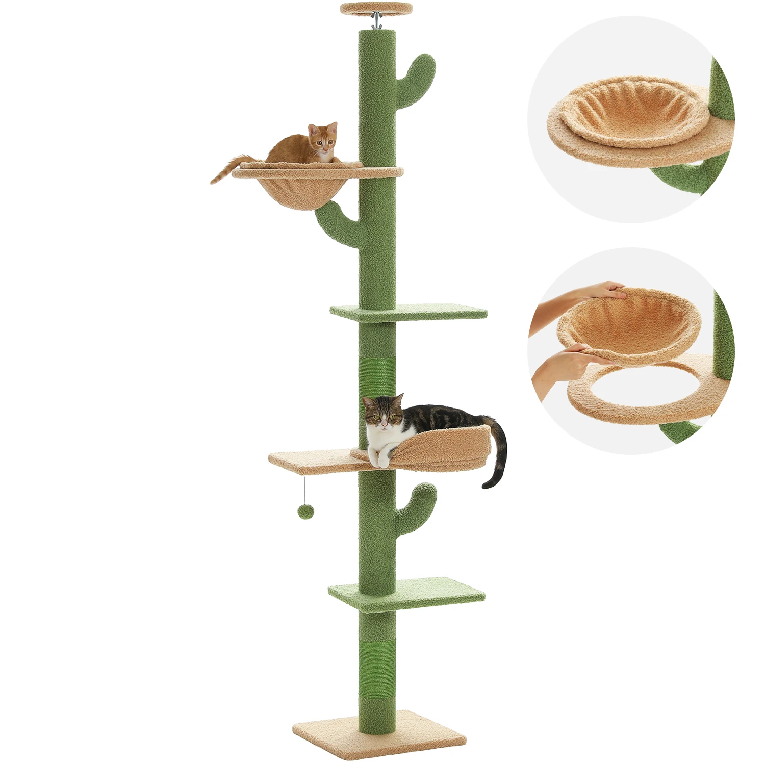 Árbol de gato en forma de cactus con altura ajustable para gatos de interior, torre de techo a piso con poste rascador, hamaca acogedora, bolas colgantes, rascadores para gatos, juguetes para gatos - imagen 4
