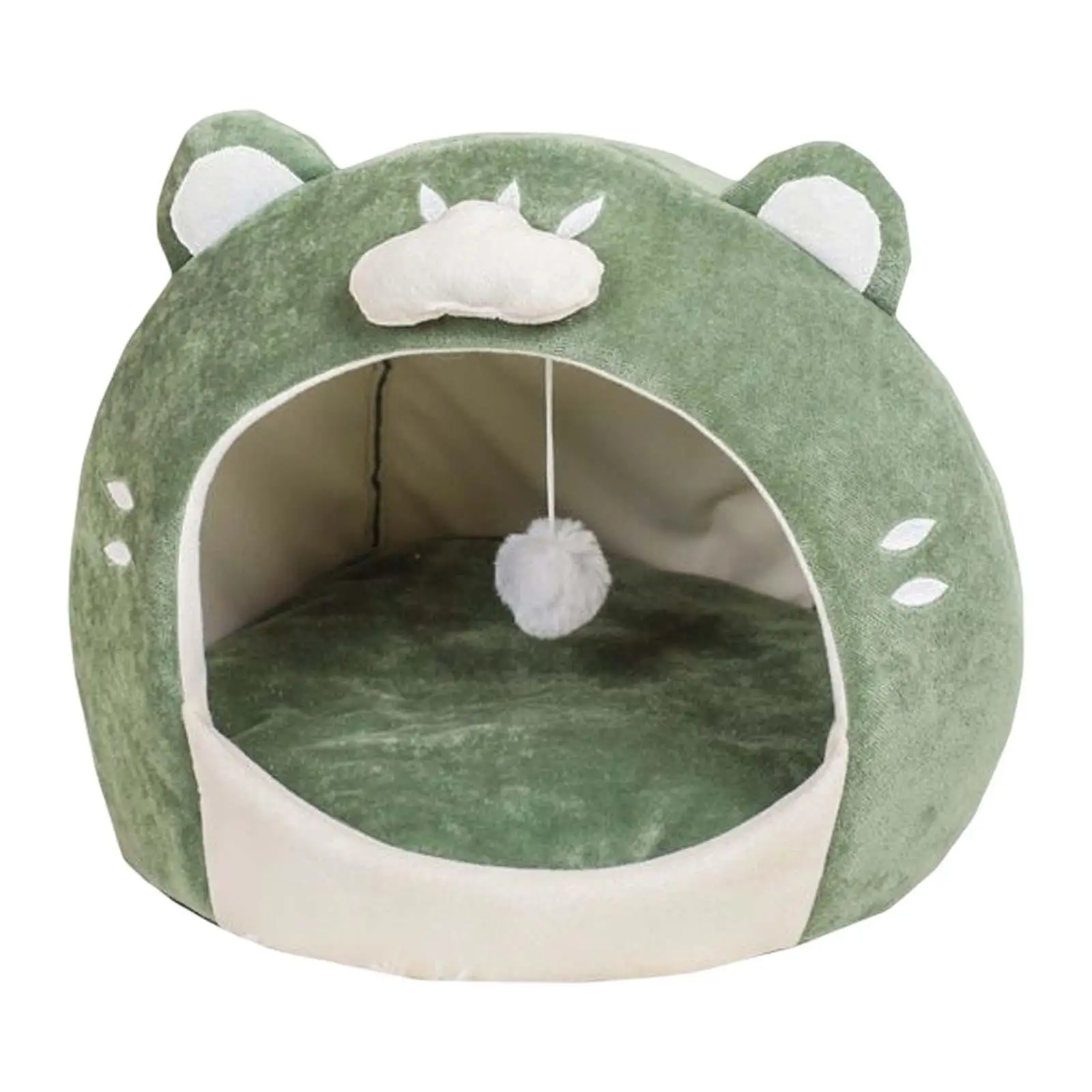 Cat Cave Bed Green Pet Cat House Hut with Plush Ball Cute Appearance Sturdy Construction Anti Slip Base Soft and Comfortable