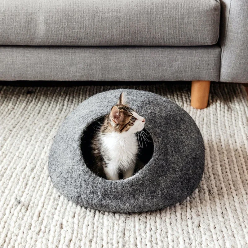 Cama de lana de fieltro hecha a mano para mascotas, muebles impermeables lavables para mascotas, cueva de gatito de fieltro de lana Premium, se desvanece, casa pequeña para mascotas, nuevo - imagen 2