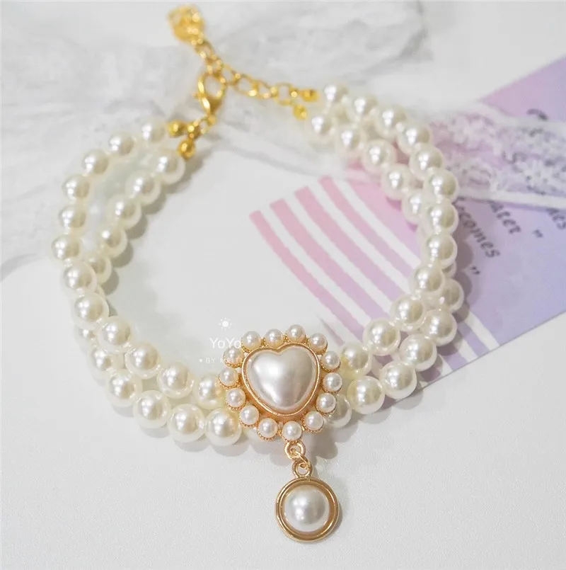 Collar retro de doble capa con diamantes y perlas para gatos y perros