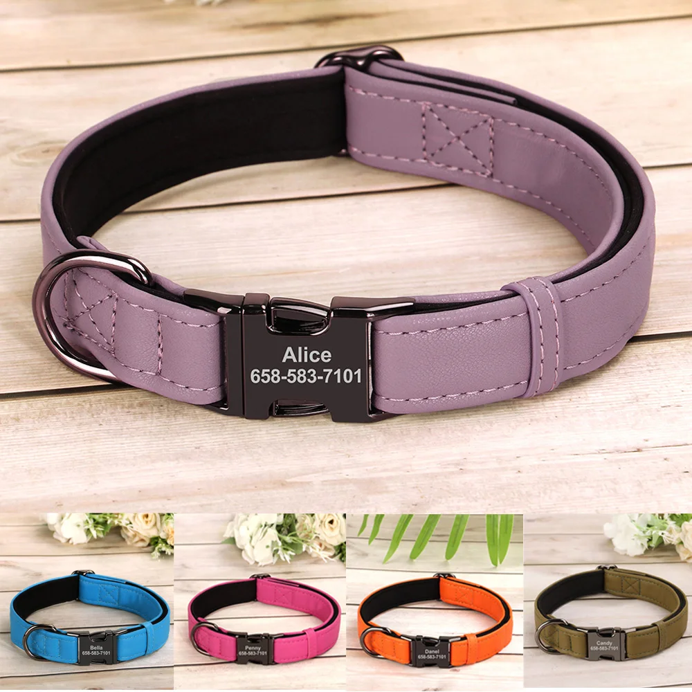 Collar de perro personalizado, collares de cuero PU personalizados para perro, Collar ajustable con etiqueta de nombre de identificación de mascota para perros pequeños y medianos, Pug Perros S-L