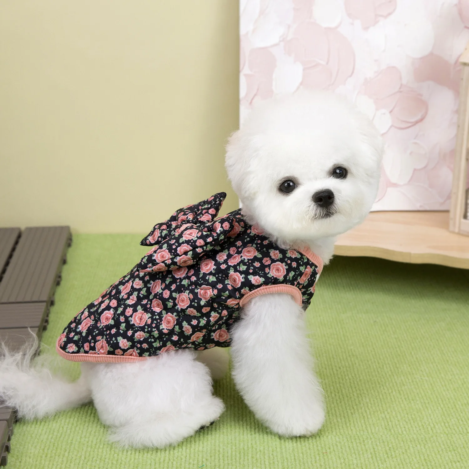 Chaleco Floral de invierno para mascotas, abrigo cálido con lazo para perros pequeños y gatos, camiseta sin mangas para otoño/invierno, ropa para perros pequeños, ropa para cachorros - imagen 3