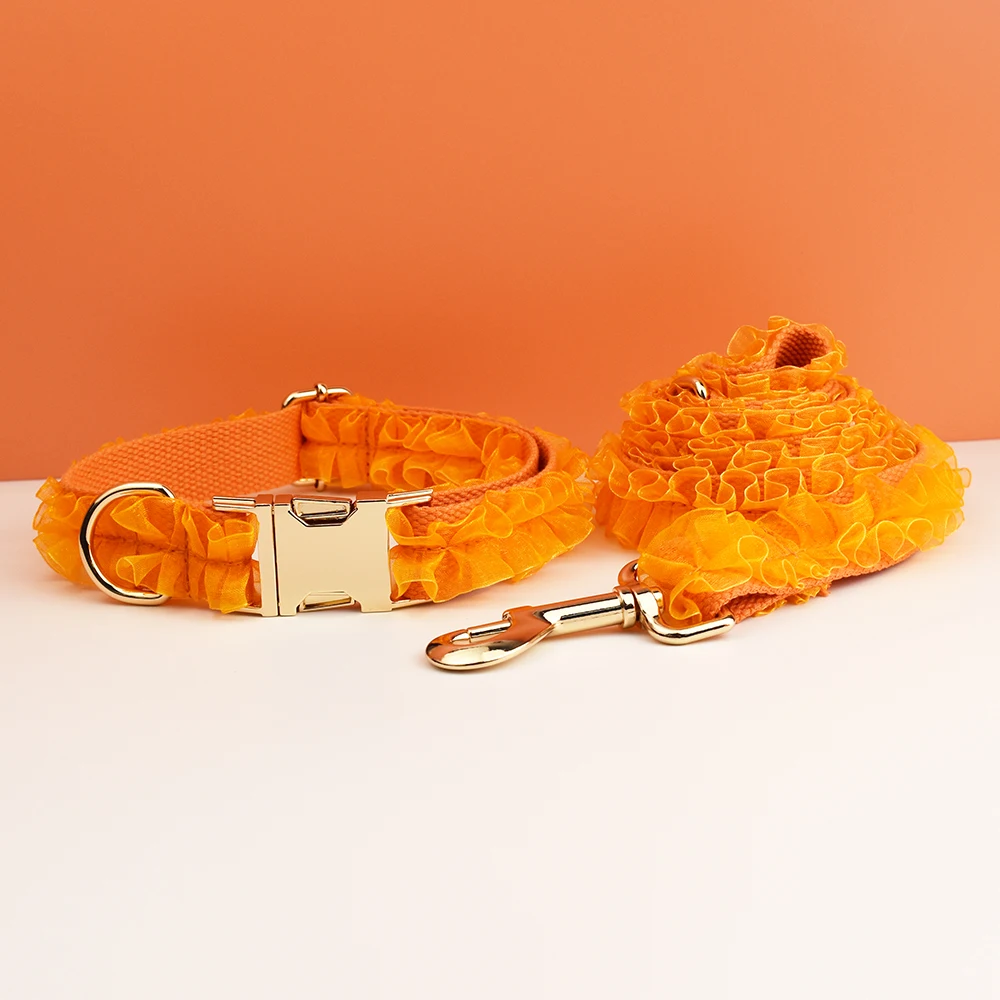Collar de perro de encaje naranja grabado personalizado - Accesorios de lujo para perros PetHarness personalizados con placa de identificación para encaje de boda 04 - imagen 4