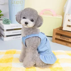 Adorable y cómodo vestido para perros con estampado vaquero, diseño de cabeza de cachorro, ropa ligera para mascotas en azul claro y azul oscuro para perros