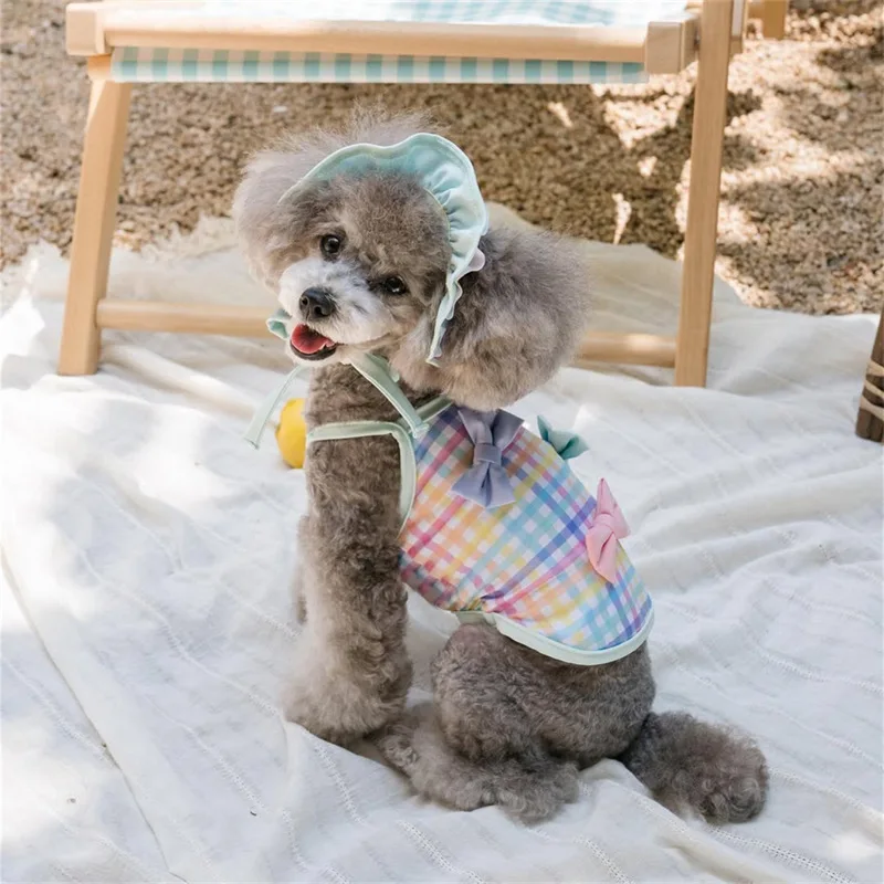 Camiseta con estampado a cuadros para mascotas, camiseta de Color para perro, camiseta sin mangas, falda, traje de baño, suministros de ropa para perros pequeños y medianos, sombreros - imagen 5