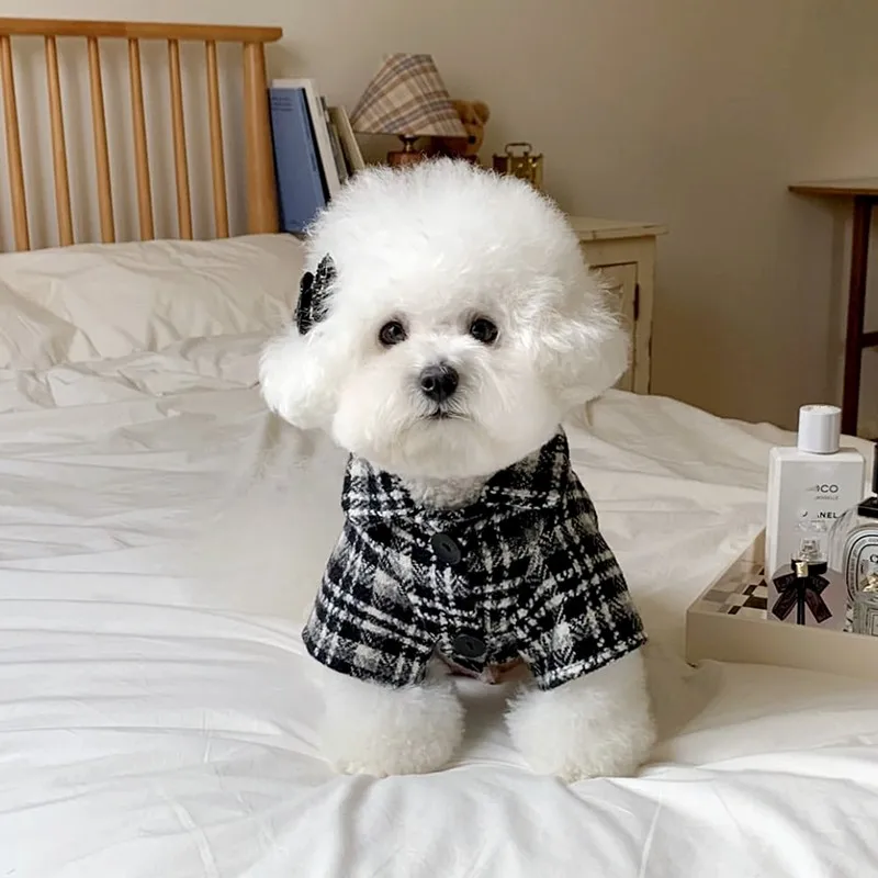 Vestido de invierno para perros, ropa cálida para mascotas, camisa a cuadros a rayas blancas y negras, falda para cachorros, abrigo de algodón grueso para perros, chaleco para gatos Bichon - imagen 5