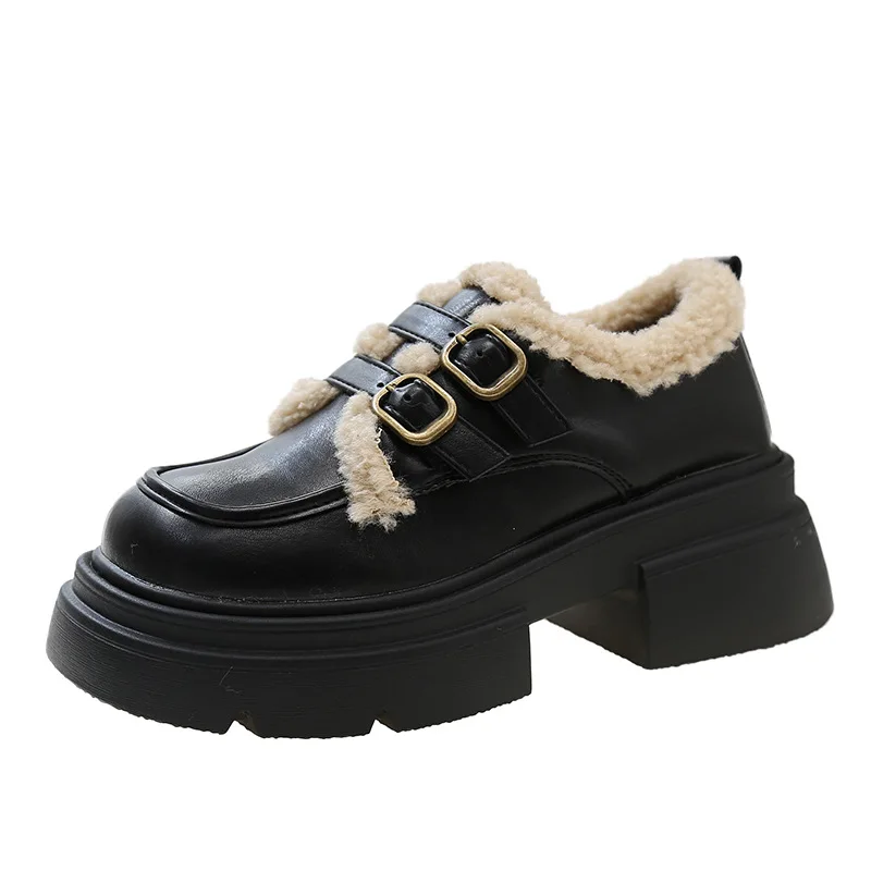 Lindo uniforme para niñas, zapatos de princesa gruesos, zapatos de tacón con plataforma marrón para mujeres, mocasines Retro, zapatos cálidos de felpa para invierno - imagen 5