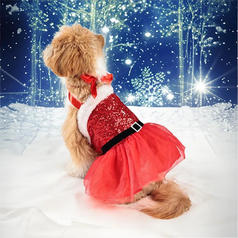 Falda navideña para perros, vestido de malla brillante con lazo, ropa para fiesta de Navidad para mascotas, ropa para perros pequeños, ropa para cachorros - imagen 3