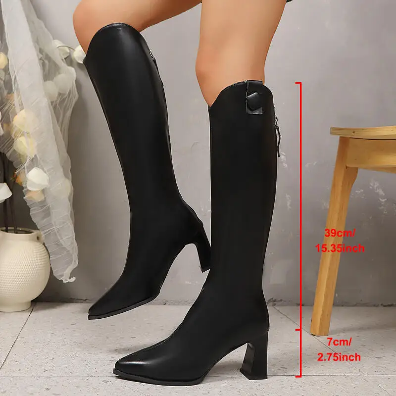 Botas de montar sexis de tacón alto y grueso con punta estrecha para mujer, botas largas con cremallera trasera de invierno de talla grande 42, zapatos náuticos de cuero Pu para mujer - imagen 2