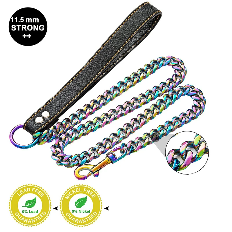 Benepaw-Correa de cadena dorada gruesa para perros grandes, resistente, a prueba de mordeduras, de acero inoxidable, con mango acolchado de cuero y plomo para mascotas - imagen 3