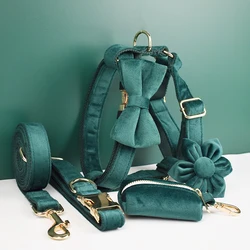 Conjunto collar y correa para perros de terciopelo verde con placa