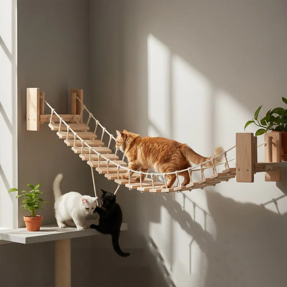 Puente de cuerda para gatos montado en la pared de 1m, pasarela colgante para gatos con cuerda y puente colgante de madera para gatos de interior, estantes para gatos y gatitos