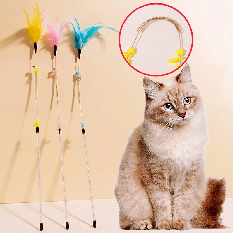 Juguete para gatos con plumas, palo de rompecabezas resistente a mordeduras, juguetes interactivos con mango largo para gatos, suministros para mascotas