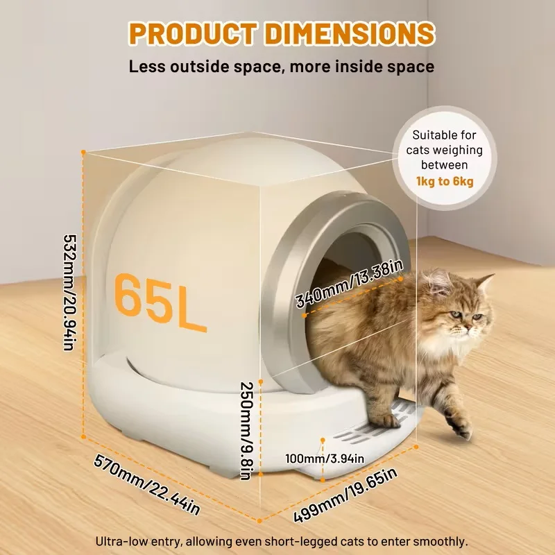 Caja de arena automática inteligente para gatos, inodoro para gatos completamente cerrado de 65L, autolimpiante, con Sensor infrarrojo, Control por aplicación, bandeja para mascotas sin olores - imagen 2