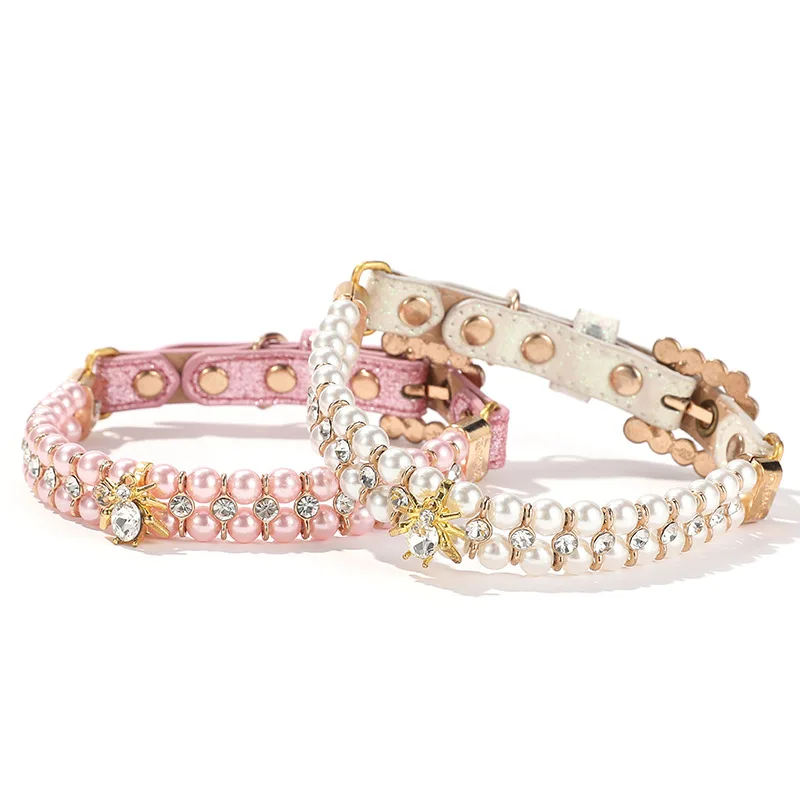 Collares de perlas para gatos con diamantes de imitación de cristal de lujo, Collar de cuero PU ajustable para gatos, perros pequeños y medianos - imagen 2