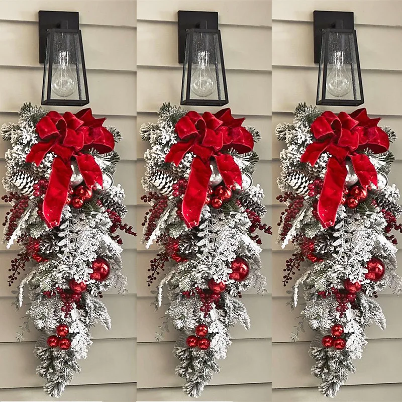 Corona de Navidad para puerta Delantera, adornos de bola roja para puerta, manto de ventana, decoración navideña para interiores y exteriores - imagen 3