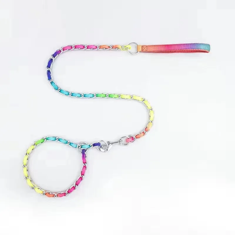 Collar de arcoíris para perro mascota con juego de correa, macramé P ajustable para mascota, correa trenzada para perro, cadena de acero, collares de estrangulación de entrenamiento