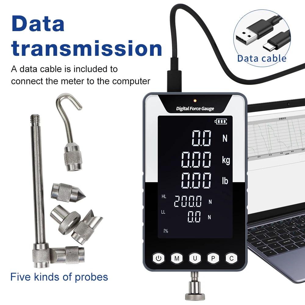 Medidor de fuerza portátil DF-200N/500N, medidor Push-Pull de pantalla grande, dinamómetro Digital, probador de tensión de empuje con 5 tipos de sondas - imagen 5
