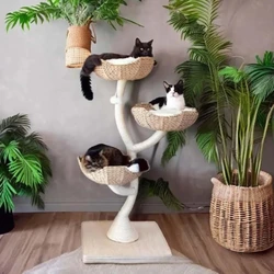 Árbol de madera para gatos con torre y trampolín tejido mueble salón