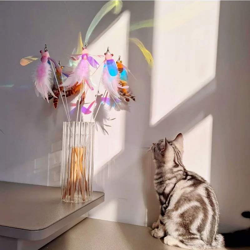 Juguetes para gatos, palo de plumas, juguete interactivo para gatos, insectos, juguete para gatos, mango de madera, rompecabezas para gatitos con campana, juguetes para gatos de plumas, suministros para mascotas - imagen 4