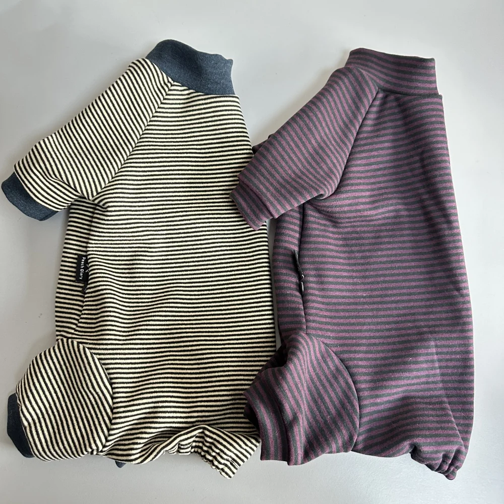 Pijama de 4 patas gris algodón a rayas para Sphynx Cat Winter Warm Elestic Soft Camiseta interior para gatitos Abrigo morado Devon Rex en primavera - imagen 3