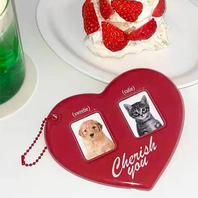 Protector de tarjeta de fotos en forma de corazón, soporte de sesión fotográfica pequeño bonito con cadena colgante para la escuela, oficina, tarjeta de acceso de identificación, tarjeta de autobús colgante - imagen 5