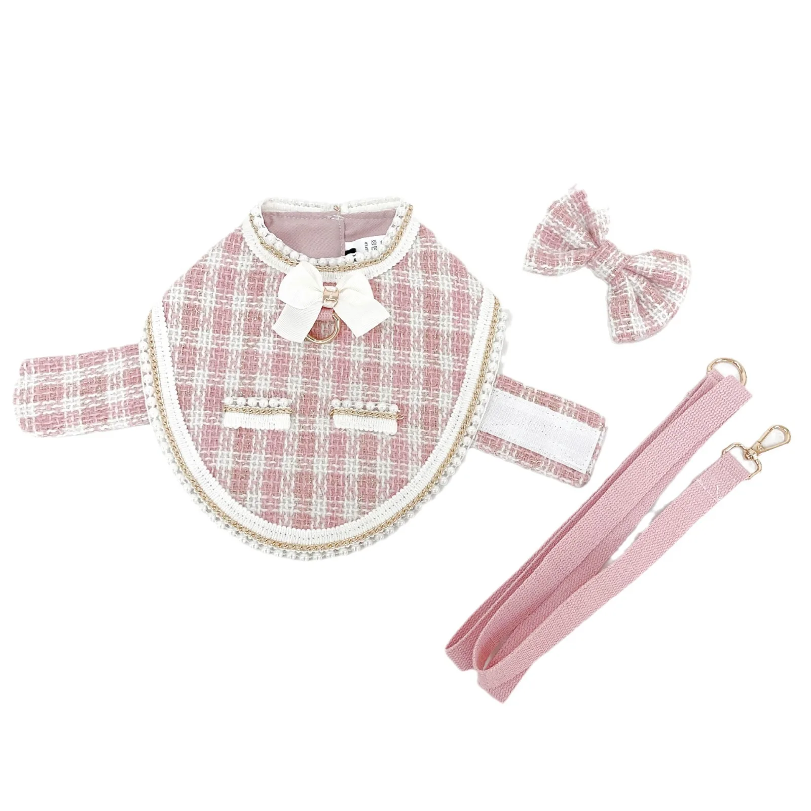 Capa a cuadros de encaje de perlas para perros, suministros para mascotas, chaqueta, correa de pecho, conjunto de cuerda de tracción para gatos, ropa para cachorros, ropa para perros pequeños - imagen 5