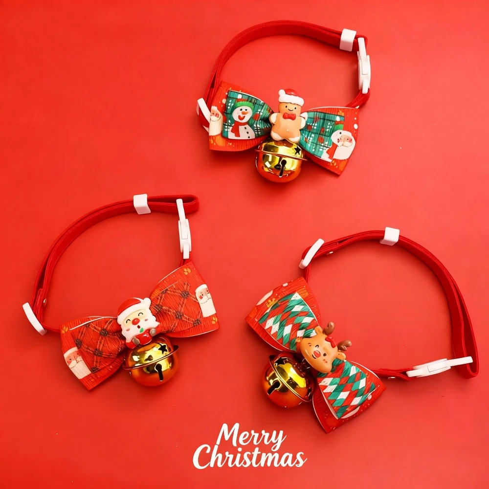 Collar de Navidad con lazo a cuadros y campana para perros y gatos - imagen 2