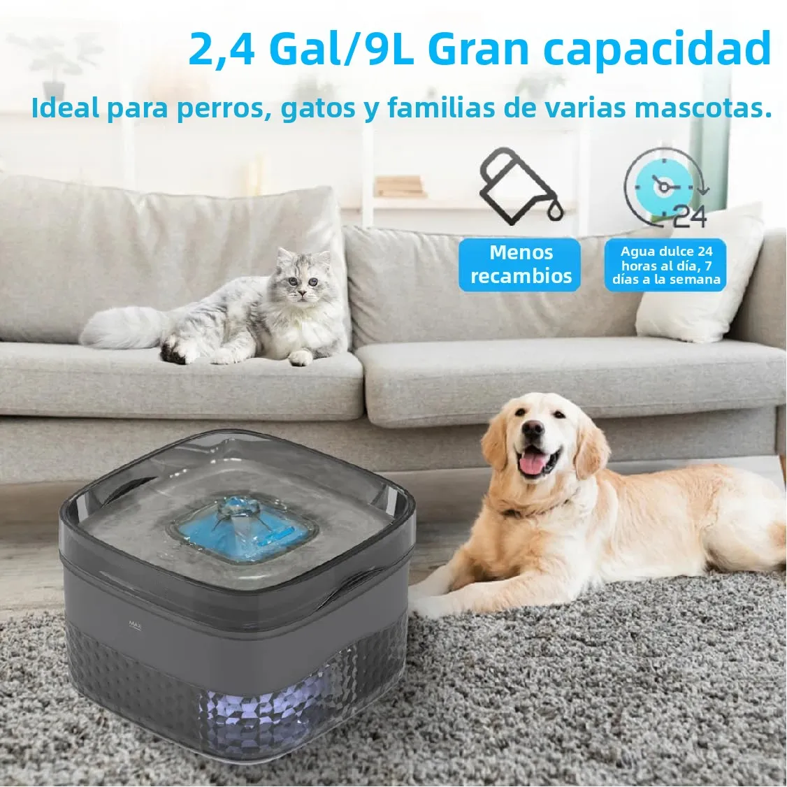 Fuente de agua para perros, fuente de agua para mascotas de 2,4 gal/9 L para perros y gatos grandes, dispensador automático de cuencos de agua para perros, fuente para beber para gatos