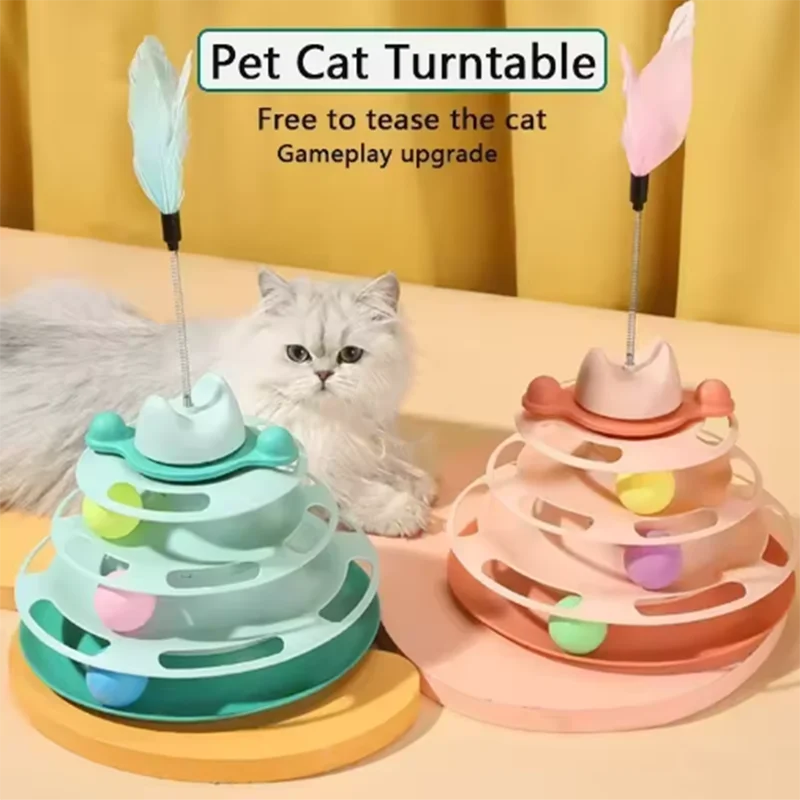 Torre de juguete interactiva para gatos, plato giratorio para gatitos, bolas con rodillo, juguetes con plumas, suministros para mascotas, juguete para torre para gatos