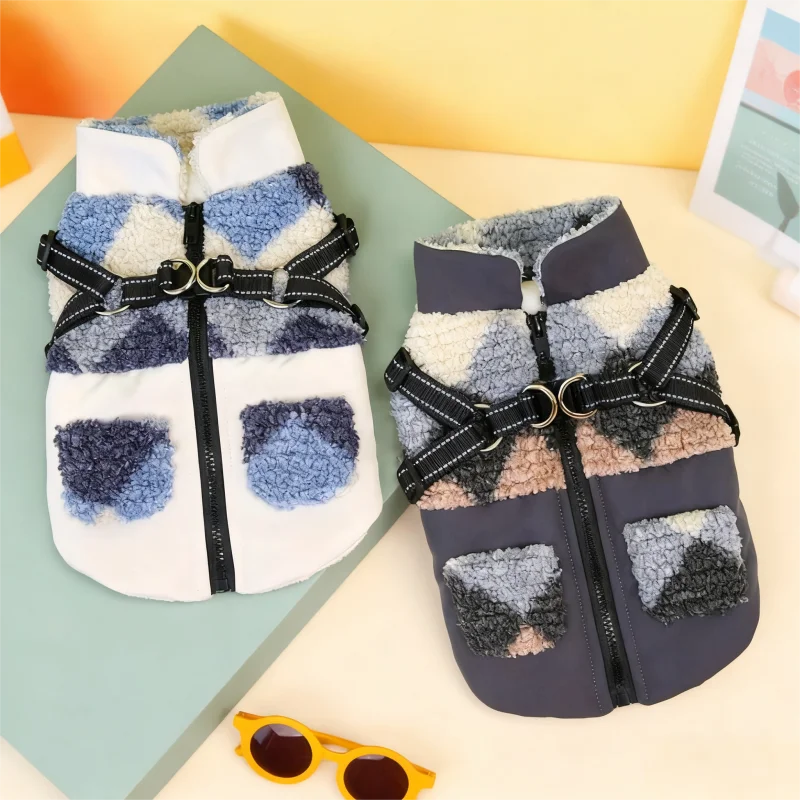 Chaleco de felpa para perro, chaqueta cálida y suave para perro, abrigo bonito a cuadros para cachorro, chaqueta de gato a la moda, abrigo con capucha para mascota, trajes para caniche
