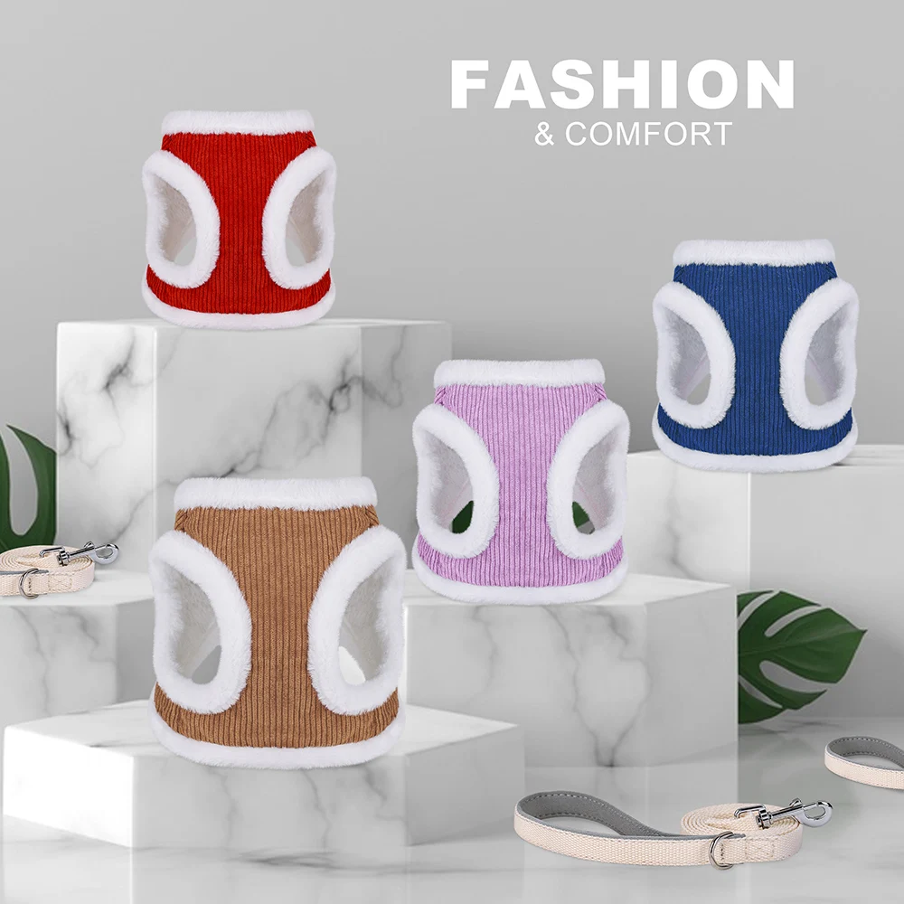 Conjunto de correa y arnés para perro cálido de invierno, chaleco suave de felpa para cachorros y gatos, arneses para perros pequeños y medianos, arneses para Chihuahua Yorkie con plomo a juego - imagen 2