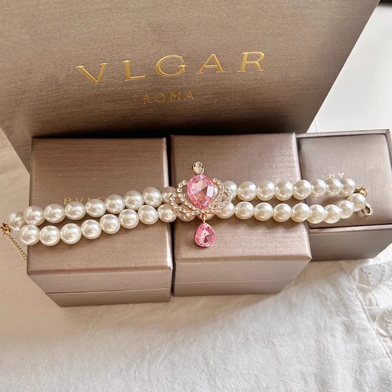 Collar de perlas con corona Retro de doble capa de princesa y gato ajustable, Collar para perro mascota, cadena para el cuello, Collar para mascota Yorkshire de peluche dulce - imagen 4