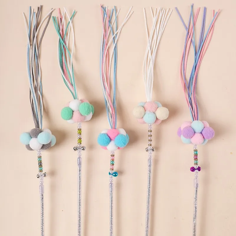 Juguetes interactivos gatos - Vista principal del palo bola lana con borla