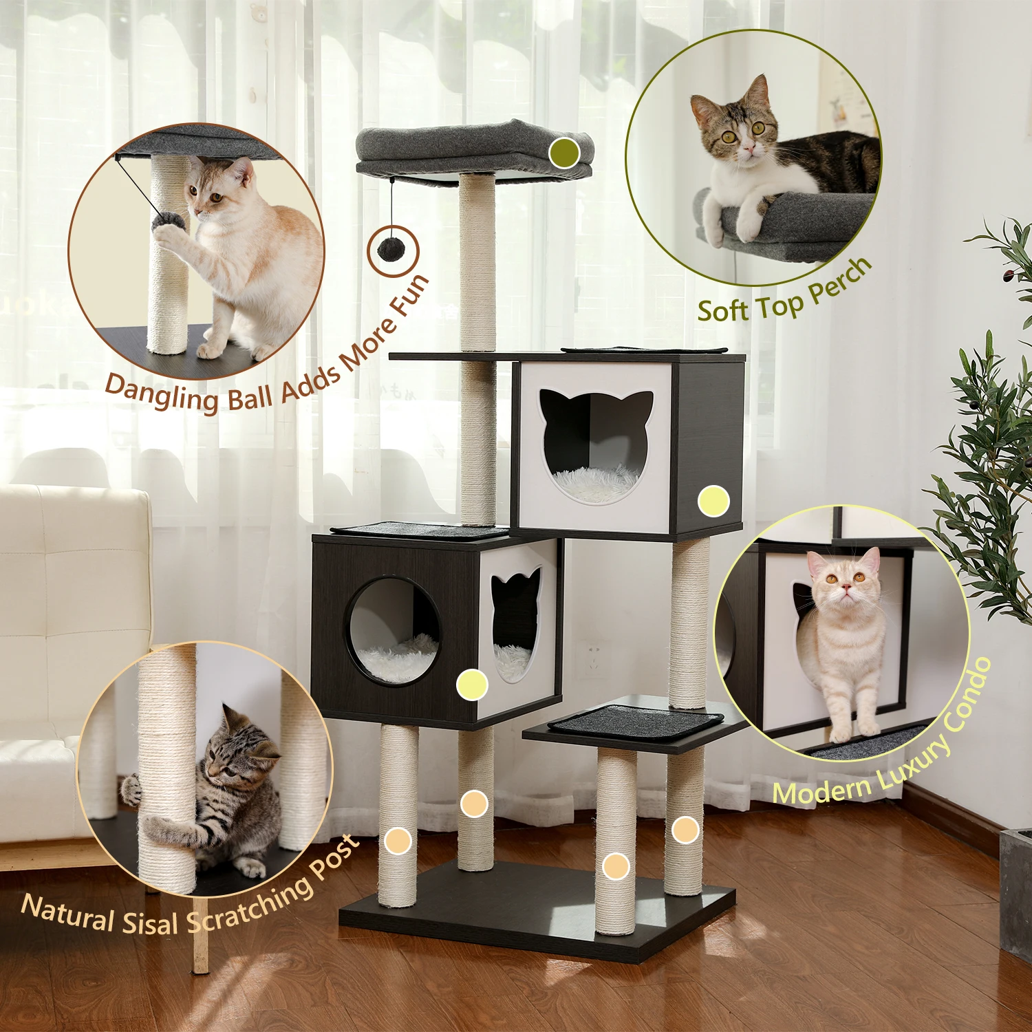 Torre de árbol para gatos de 147CM de altura, consolas dobles para interiores, madera maciza, plataforma multinivel, Bola de felpa acolchada, perca, rascador gato - imagen 3